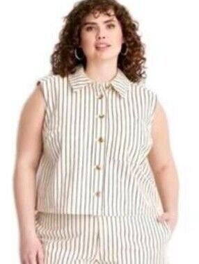 NWT Future Collective Sleeveless Button-Front Striped Crop Top In Cream/Black 3X